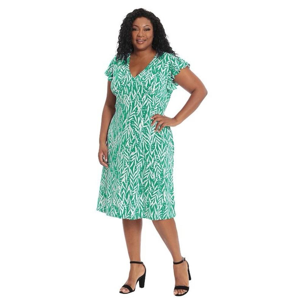 London Times Plus Size London Times Ruffle Sleeve Midi Dress 18W